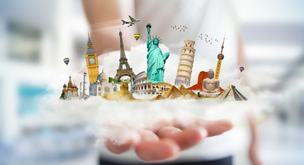 Businessman holding a cloud full of famous monuments in his hands 3D rendering