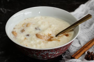 Rice pudding served in a bowl. selective focus