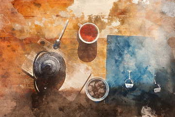 Digital watercolor illustration of still life with teapot, Cup of tea and cane sugar on a wooden table