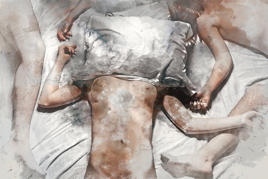 Digital watercolor painting of a reclining woman with a group of people in white bed