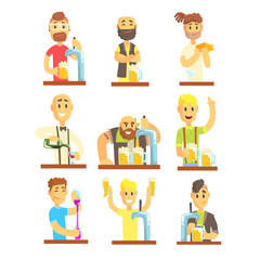 Barman mixing, pouring, opening and garnishing alcohol drinks set for label design. Colorful cartoon detailed vector Illustrations