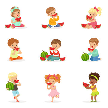 Cute little kids eating watermelon. Healthy eating, snack for children. Cartoon detailed colorful Illustrations