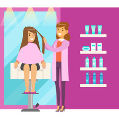 Young woman in hairdresser saloon having a haircut. Colorful cartoon character vector Illustration