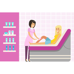 Obraz premium Beautician waxing woman leg at spa or beauty salon. Colorful cartoon character vector Illustration