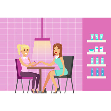 Girl doing manicure in beauty salon. Colorful cartoon character vector