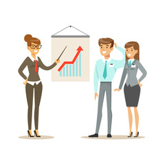 Businessmen discussing sales growth in the office. Colorful cartoon character vector Illustration
