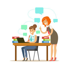 Two employee women working on a project. Colorful cartoon character vector Illustration