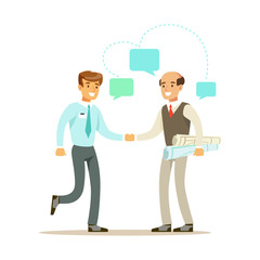 Two businessmen discussing at meeting. Colorful cartoon character vector Illustration