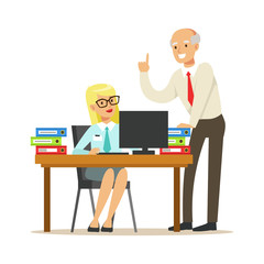 Mature chief giving instructions to his secretary. Colorful cartoon character vector Illustration