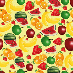 A pattern of fruits, different fruits and berries. Watermelon, Apple, banana, strawberry, orange.