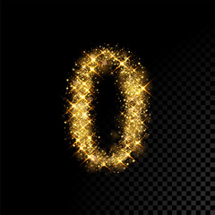 Gold glittering number 0 Zero on black background