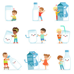 Smiling little children playing and dancing with large boxes, mugs and bottles of milk, set for label design. Colorful cartoon characters