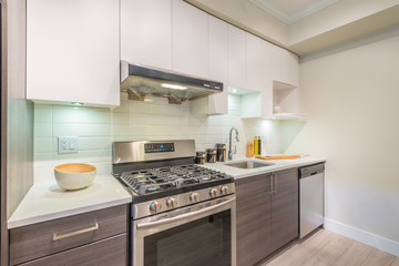 Modern, bright, clean, kitchen interior with stainless steel appliances in a luxury house