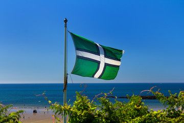 Flag of Devonshire against the background of the sea and the blue sky
