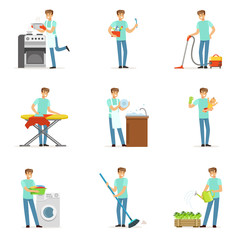 Obraz na płótnie Canvas Happy househusband men cleaning their house, washing, ironing bringing up child. Set of colorful cartoon detailed vector Illustrations