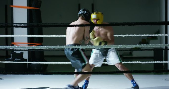 Professional sparring of two (young) partners of boxers in the ring, practice strike technique, rack, defense and endurance, in protective helmets. Concept: love sports, young boxers, love to win.