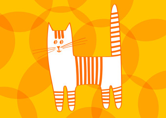 Striped orange cartoon cat on background with patterns. Vector illustration
