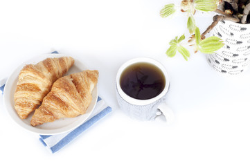 Beautiful set of cup of tea and croissants and spring buds on a white background.