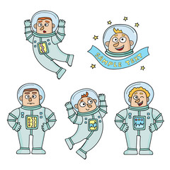 Vector set of cartoon color astronauts isolated on white.