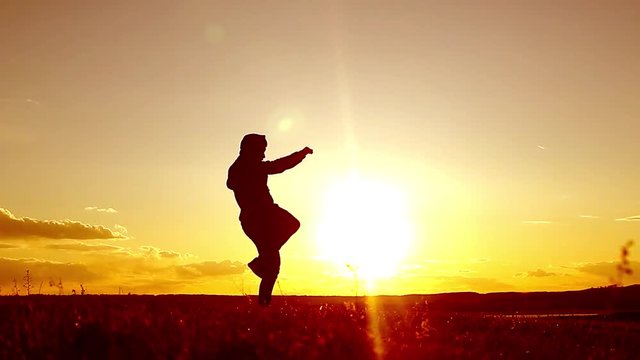 Silhouette of man exercising thai boxing. Silhouette of martial arts man training boxing on the beach over beautiful sunset background. Training karate or boxing on grass field at sunset.