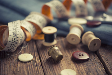 Sewing accessories on wooden