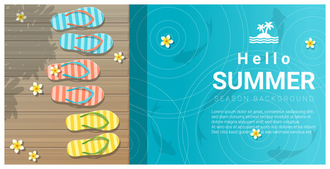 Fototapeta premium Hello summer background with sandals on wooden pier , vector , illustration