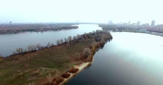 Aerial shot of the Dnipro river in Kiev, Ukraine