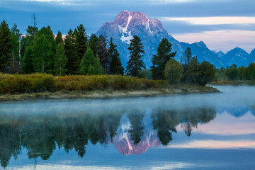 Alpen Glow Highlighting Mount Moran at Dawn, Oxbow Bend,  Grand Teton National Park