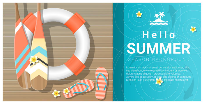 Hello summer background with wooden pier over the sea , vector , illustration