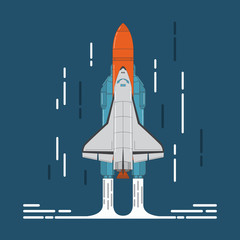  space shuttle and rocket in flat style a vector.Design element for the space and scientific website and toy stores, for games.Start of the spaceship to stars