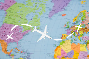 Flight to Europe symbolic image of travel by plane map