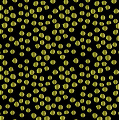 Vector golden polka dot pattern on black background, greeting card tracery.