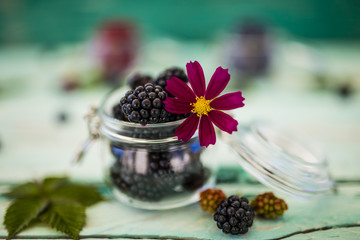 Fototapeta na wymiar Tasty ripe and fresh forest blackberries in glass jar on wooden background.
