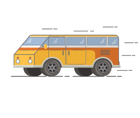 the tourist van in flat style a vector.The family bus for travel.The summer van for country rest.RV travel bus.

