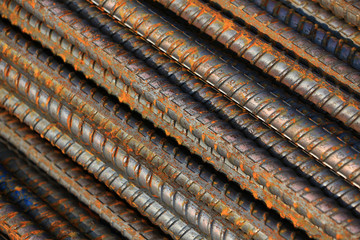 Round steel bar - iron metal rail lines material with rusty .