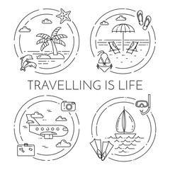 Set of Traveling horizontal banners with trip elements Line art