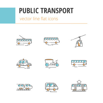 Public city transport. Flat color linear vector icons.