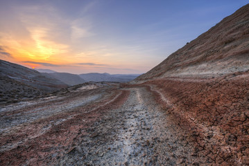 Sunrise in the red mountains Khizi, Azerbaijan