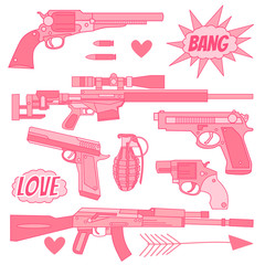 The weapon set in pink color: grenade, shotgun, pistol, rifle, machine gun, bullet, revolver, and design elements. Vector collection with cool icon on a white background. 