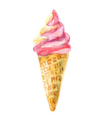Ice cream in a waffle cone on white background. Watercolor illustration