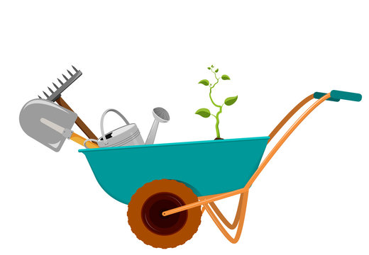 wheelbarrow with a shovel, a rake, a watering can and a sprout.