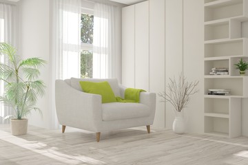 White room with sofa and green landscape in window. Scandinavian interior design. 3D illustration