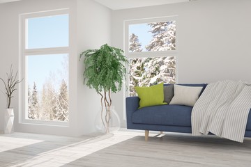 White room with sofa and winter landscape in window. Scandinavian interior design. 3D illustration