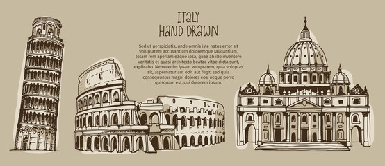 Vector illustration of Italy landmarks, hand drawn Coliseum, Tower of Pisa, St. Peter's Basilica