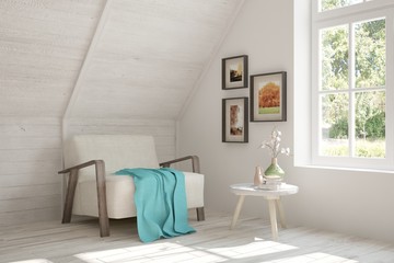 White room with armchair and green landscape in window. Scandinavian interior design. 3D illustration