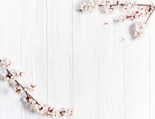 Spring white flowers on vintage wooden background