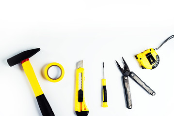 Building and project tools concept. Wooden desk,  Constructor tool.  top view, place  for typography