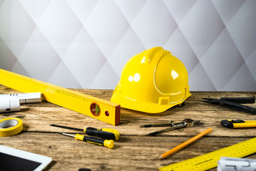 Building and project tools concept. Wooden desk,  Constructor tool.  top view, place  for typography