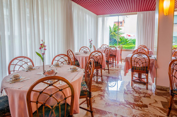 Interior of the restaurant of the luxury five stars hotel or resort.