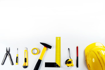 Building and project tools concept. Wooden desk,  Constructor tool.  top view, place  for typography
